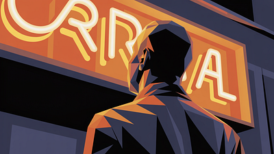 Urban Noir: The Brand Encounter art commission branding cinematic concept art digital art environment illustration low poly media neon sign tech art urban noir vector illustration