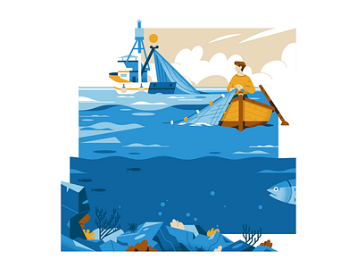FAO (United Nations) - Report 2025 - Life below water boat coral environment fish fisherman fishing geometric illustration nature ocean sea water