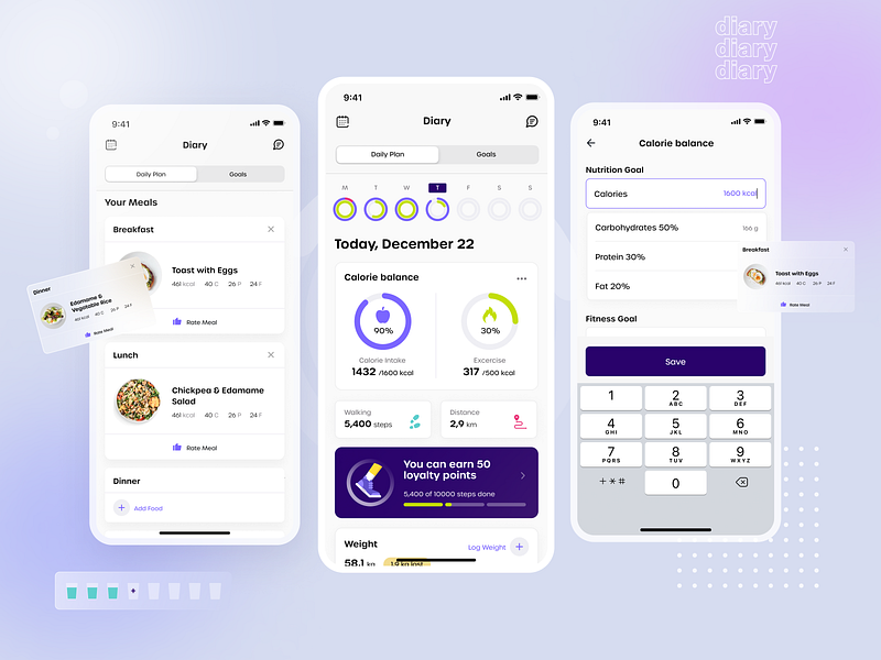 Diary page for food delivery app calories figma fitness food food delivery ios app meal plan product design stats ui ux weekly stats