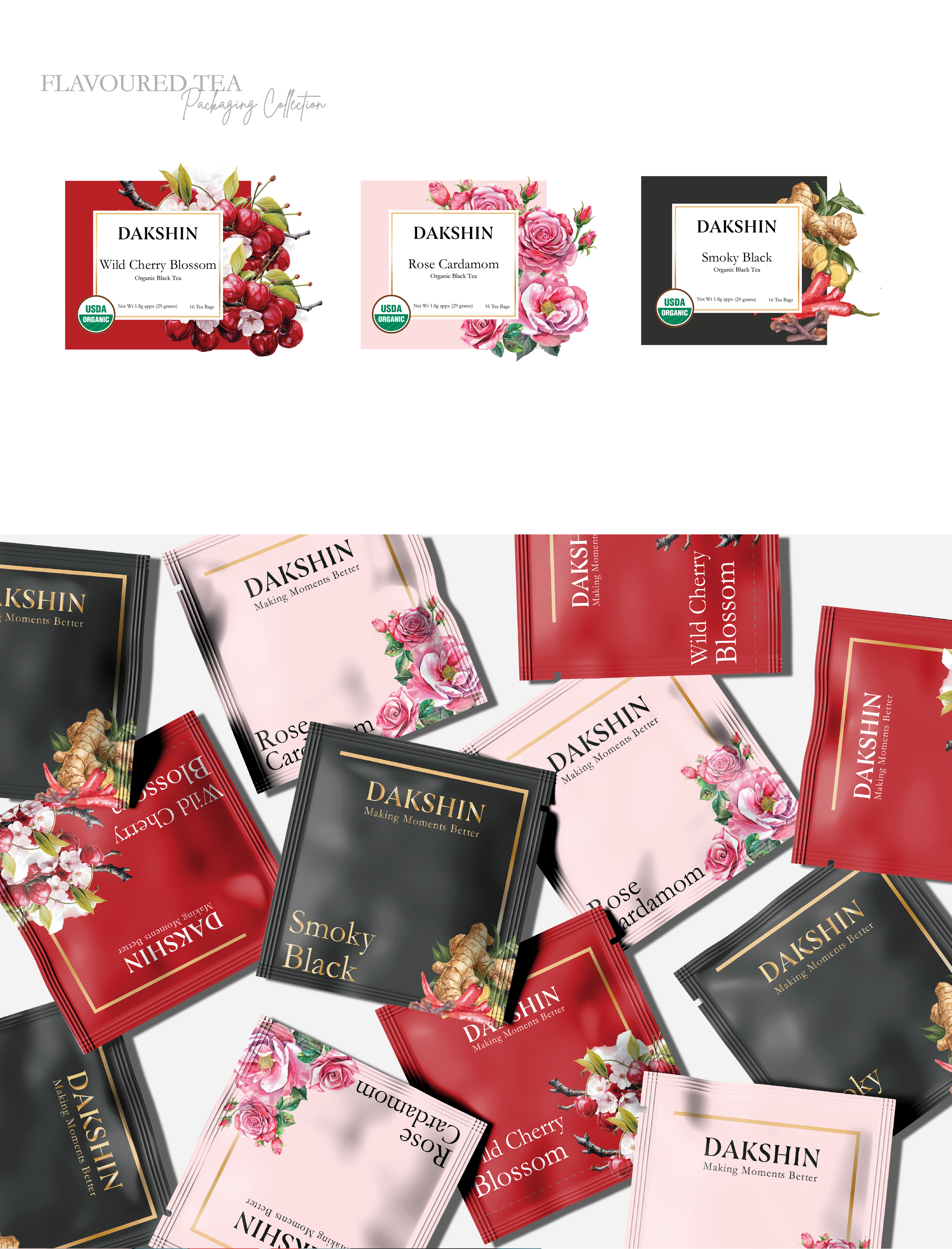 Premium Tea Packaging Design for Dakshin brand packaging creative branding creative packaging designer packaging expert packaging design flavored tea packaging formque formque digital minimal brand design minimal packaging packaging showcase premium packaging premium product design product line design product packaging tea box design tea packaging wellness tea packaging