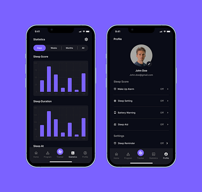 Sleep Tracker & Sound App app data design mobile design profile sleep tracker statistics tracker ui ui design ux design visual data visualization