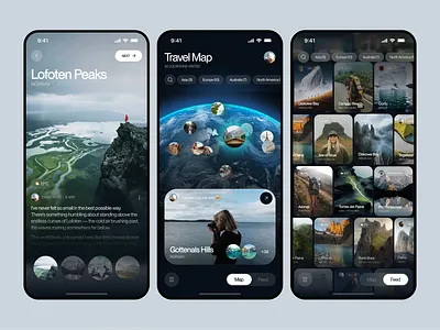 Travel Journal Mobile App app app interfaces best app design card ui dark app ui home screen mobile app design mobile screen design mobile ui mobile ui design mobile ux modern app ui social app travel app travel journal travelling