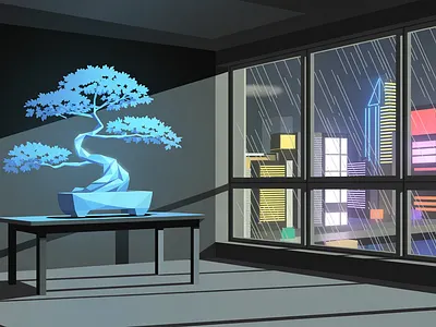 Tech & Tranquility: The Bonsai Metaphor art commission atmospheric bonsai concept art cyberpunk environment illustration nature metaphor scifi art tech art vector vector illustration web
