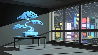 Tech & Tranquility: The Bonsai Metaphor art commission atmospheric bonsai concept art cyberpunk environment illustration nature metaphor scifi art tech art vector vector illustration web