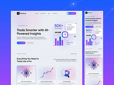 Stock.ai – AI Trading Platform UI Design | Responsive Web-Mobile ai trading dashboard ui figma design finance ui fintech design gradient ui investment app mobile ui responsive web design saas landing page trading platform ux ui design
