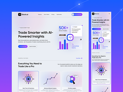 Stock.ai – AI Trading Platform UI Design | Responsive Web-Mobile ai trading dashboard ui figma design finance ui fintech design gradient ui investment app mobile ui responsive web design saas landing page trading platform ux ui design