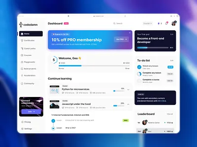 Educational website dashboard dark theme dashboard education gamification light theme minimalism profile progress tasks ui ux