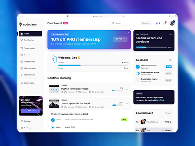 Educational website dashboard dark theme dashboard education gamification light theme minimalism profile progress tasks ui ux