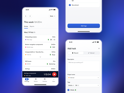 Time tracking app app app concept b2b clean form list minimal mobile record saas tags time tracking app ui ux web app
