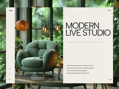 Modern Live Studio — Design as Atmosphere conceptdesign couch green heropage interiordesign live minimalist modern natural studio ui ux