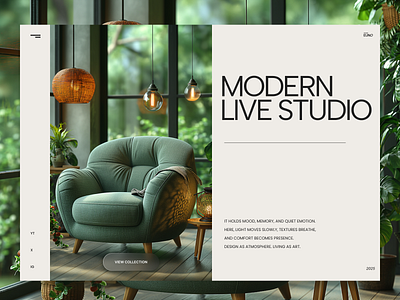 Modern Live Studio — Design as Atmosphere conceptdesign couch green heropage interiordesign live minimalist modern natural studio ui ux