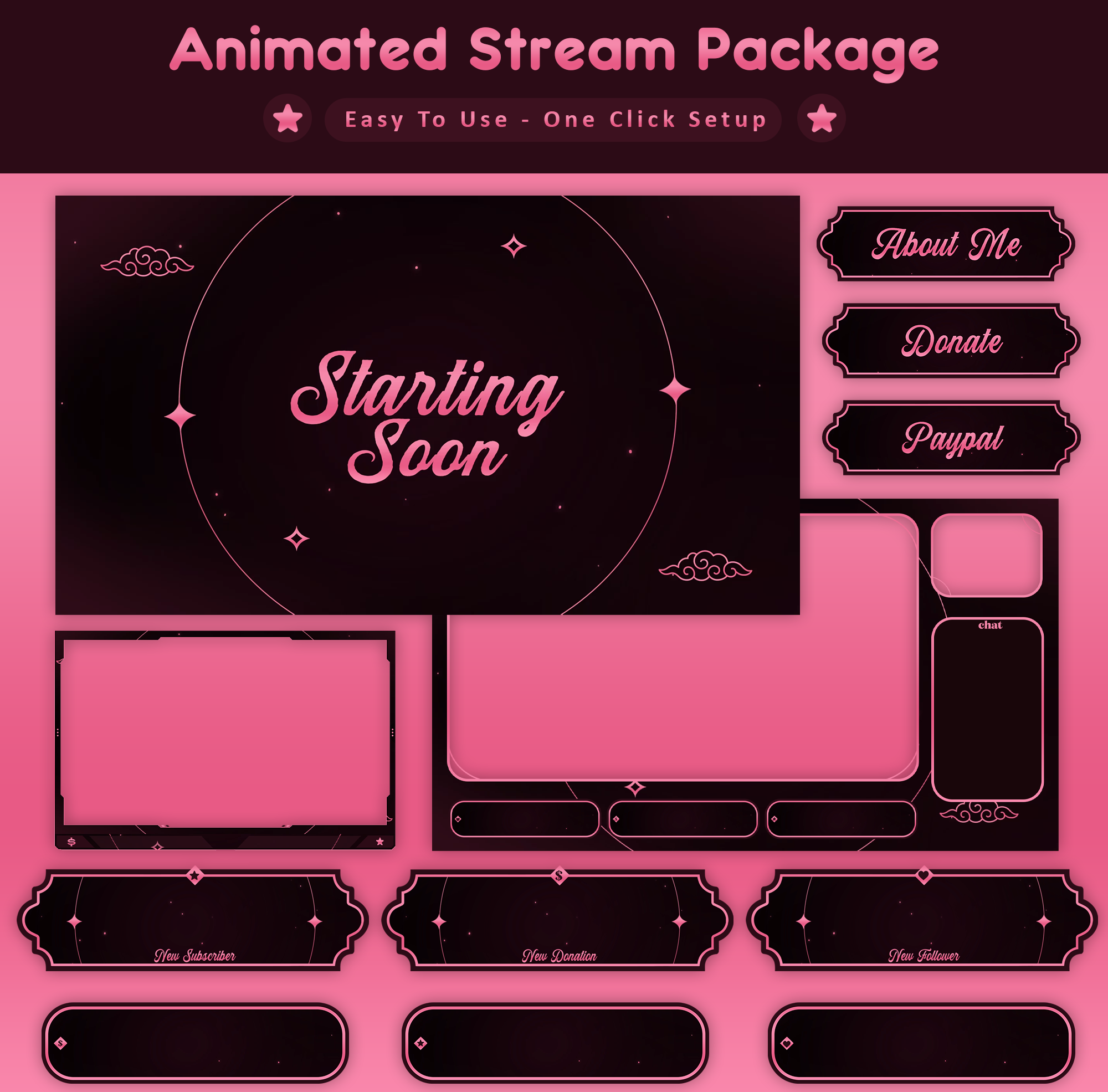 Star Bloom Animated Stream Package: For Twitch Overlay,kick animated screens design kick kick overlay kick screens overlay overlay design overlays pack stream overlay pink overlay pink screen pink stream stream kick stream overlay stream overlays stream pack streamer streaming twitch twitch stream