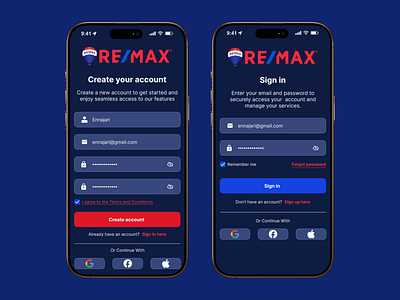 Remax Real Estate Mobile App - Sign In & Sign Up Screen app design authentication clean ui figma figma design login screen minimal ui mobile app mobile ui modern ui onboarding property app real estate real estate app remax sign in sign up ui design ui ux ux ui