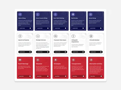 Winter Sports Clinic - Cards blue button buttons call to action card cards categories category cta icons learn pattern red sports ui veteran veterans web web design white