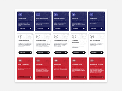 Winter Sports Clinic - Cards blue button buttons call to action card cards categories category cta icons learn pattern red sports ui veteran veterans web web design white