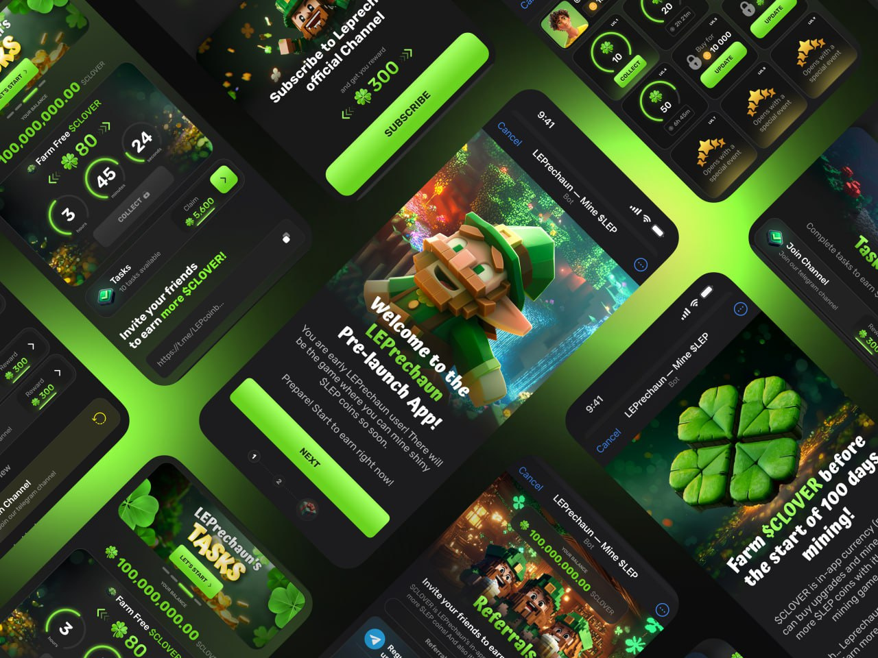 🍀 LEPrechaun Telegram Mining App — Gamified Crypto Experience blockchain crypto crypto design crypto mining cryptocurrency dao dapp game design gamified app gaming ui leprechaun mining app p2p pixel art telegram telegram bot telegram game telegram mini app token web3