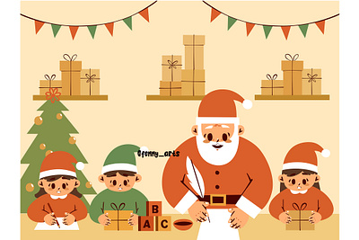 A Group of Elves Gathered Around Santa Claus background cartoon celebration character cheerful christmas decorative festival festive fun gift greeting holiday nativity present saint santa season sinterklaas tradition