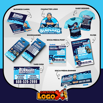 Burnard Pressure Washing — Cartoon Logo & Branding Kit brand identity design branding kit cartoon logo cartoon mascot character logo cleaning logo design home services logo illustration logo logo designer mascot logo pressure washing logo service business branding small business branding trades business branding vector mascot