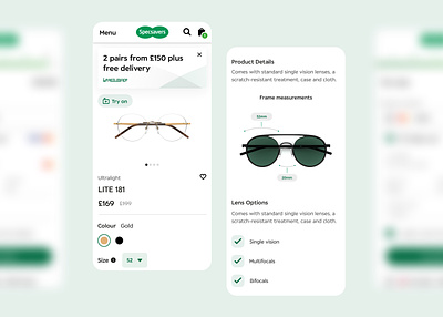Specsavers - Product Page app design branding ecommerce glasses graphic design minimal product design product page ui ui design white