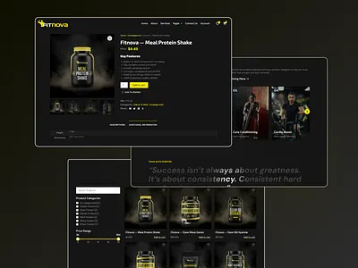 Fitnova — Fitness Supplements E-Commerce Design clean ui dark theme ui ecommerce website fitness website gym website health website landing page modern ui modern web ui product page design supplements store training website ui ui design ui ux web design web design agency weight loss website woocommerce