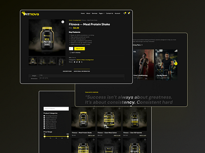 Fitnova — Fitness Supplements E-Commerce Design clean ui dark theme ui ecommerce website fitness website gym website health website landing page modern ui modern web ui product page design supplements store training website ui ui design ui ux web design web design agency weight loss website woocommerce