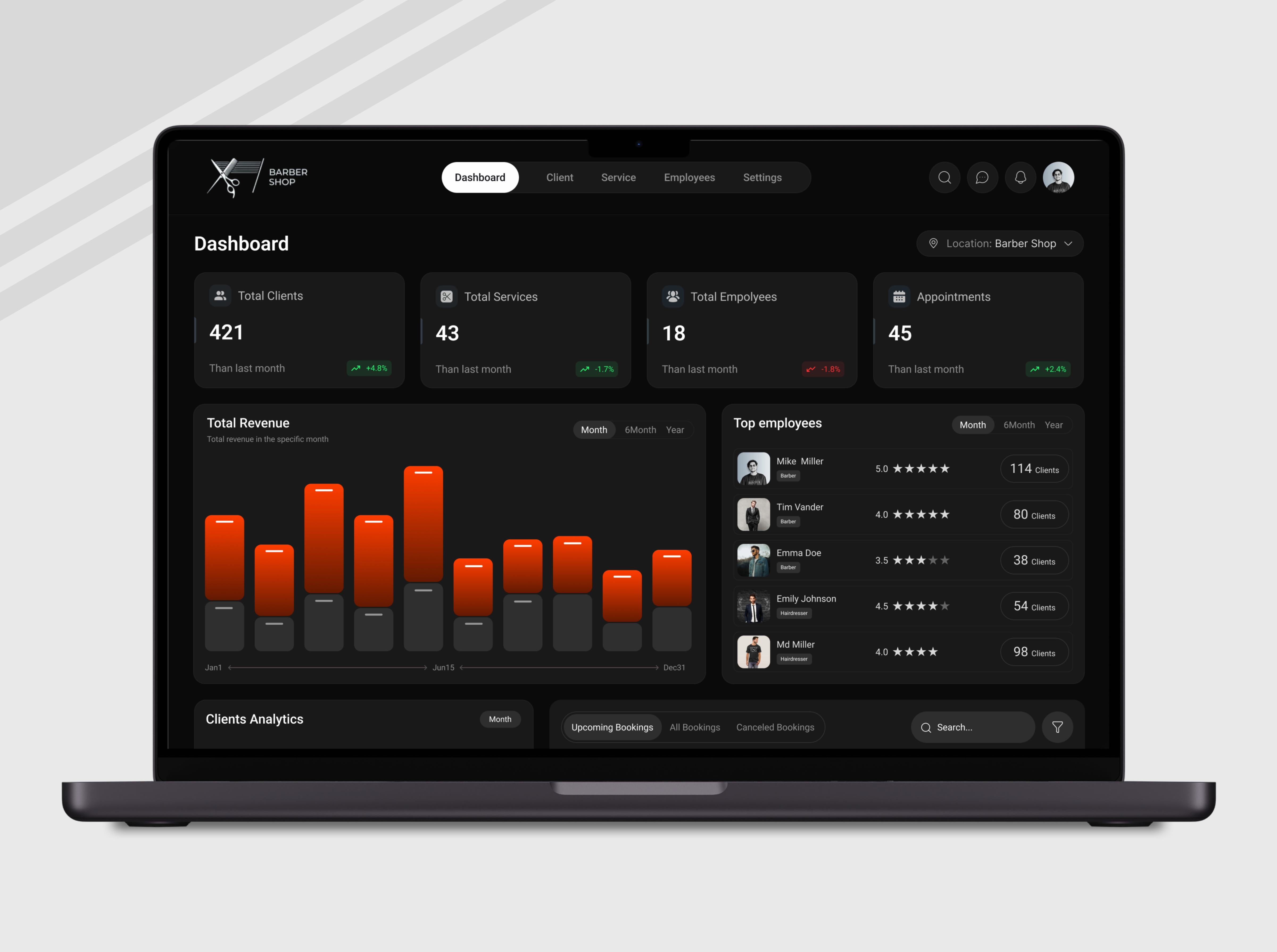 Dashboard / Salon Management System Skin ai appoinment barber barber shop booking crm dark dashboard dashboard design design hairdresser hairstyle ios mobile app on demand on demand service online booking salon ui ux