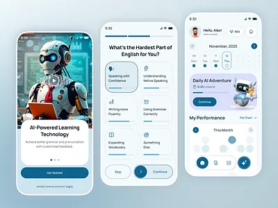 AI Language Learning App ai app ai assistant ai powered app design ai startup app design design ui e learning app edtech design education app edutech english learning ios language app learning app learning management system mobile app online education smart learning app ui