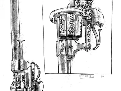 Ornate revolver comic illustration ink ink illustration old gun ornate revolver vintage weapon