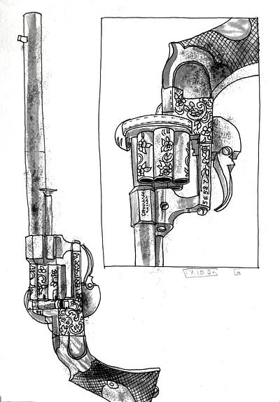 Ornate revolver comic illustration ink ink illustration old gun ornate revolver vintage weapon