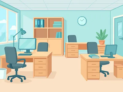 Cartoon office space illustration in vector style 2d background banner beehaya branding business cartoon coworking custom designer digital flat graphic graphic design high quality image office ui vector workspace