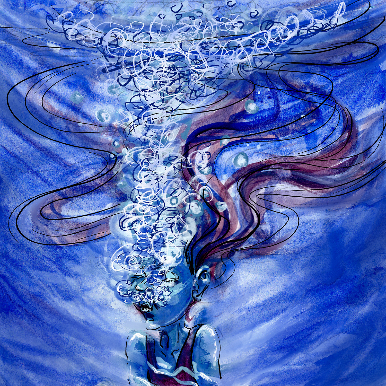Breathing under water book illustration comic gouache illustration ink water