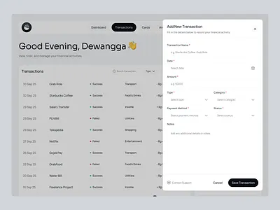 Finora – Add Transaction Modal Design admin panel dashboard design desktop finance financial fintech list data minimalist personal finance saas transaction transaction dashboard ui uidesign uiux ux uxdesign web design website