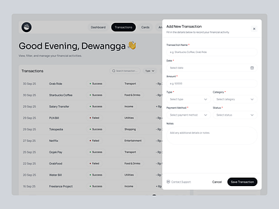 Finora – Add Transaction Modal Design admin panel dashboard design desktop finance financial fintech list data minimalist personal finance saas transaction transaction dashboard ui uidesign uiux ux uxdesign web design website