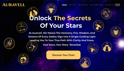 Auravell : Web Design for Zodiac & Astrology astrodesign darkmode dribbble figmadesign goldaesthetic luxurydesign purpleaesthetic ui uxdesign webdesign zodiacsigns
