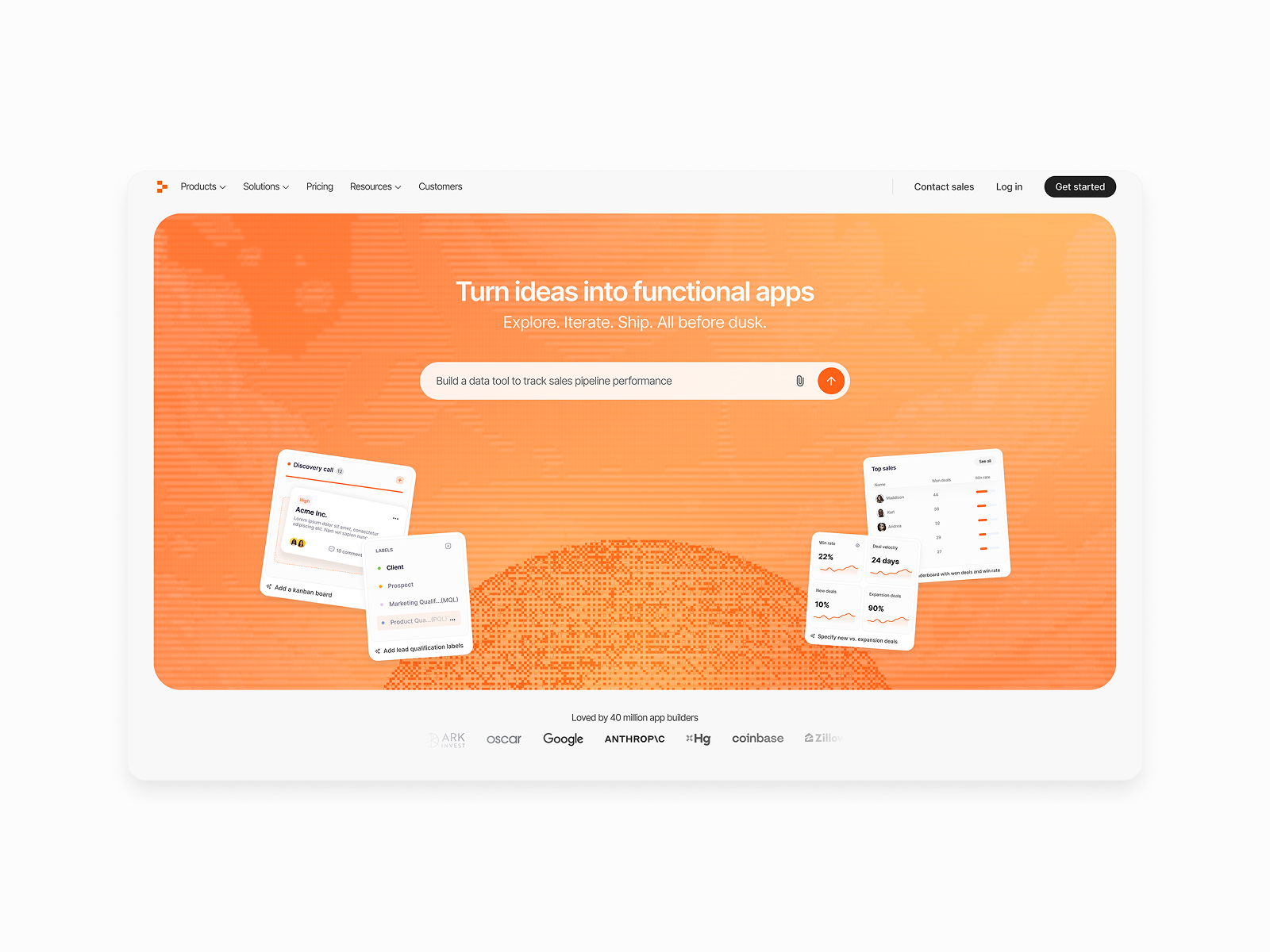 replit branding changelog customer story dithering hero home landingpage orange product updates saas website