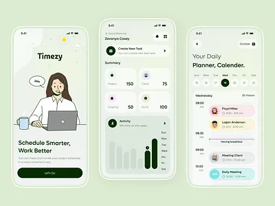 Timezy – Smart Task & Schedule Planner UI app design calendar app clean ui daily planner dashboard ui minimal design mobile app modern app planner ui productivity app task manager time management ui design ux design