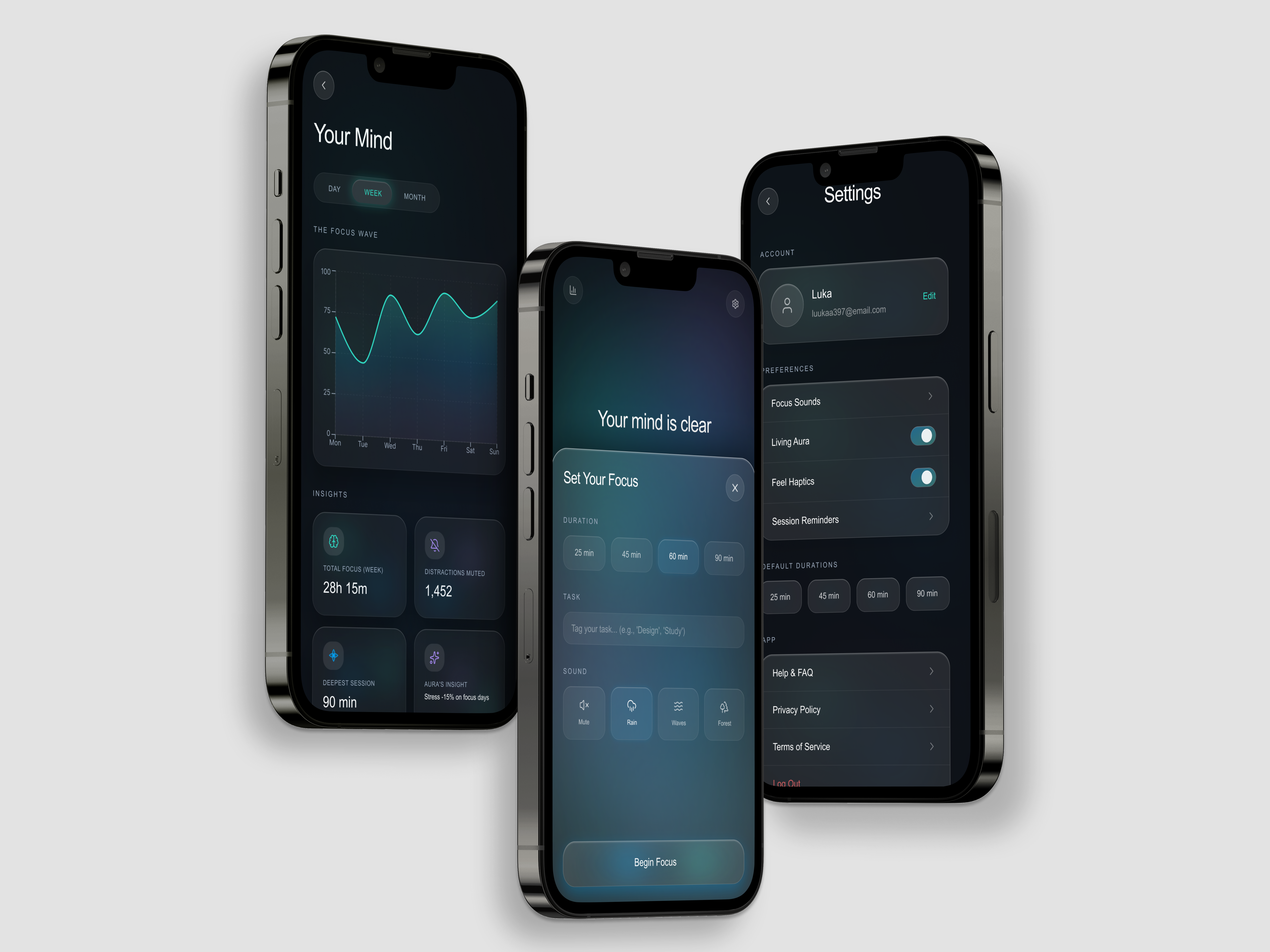 Focus App Concept - Dark Mode UI 3d ai animation app app design concept dark mode dark ui figma glassmorphism graphic design ios iphone logo minimal mobile app mockup timer ui ux