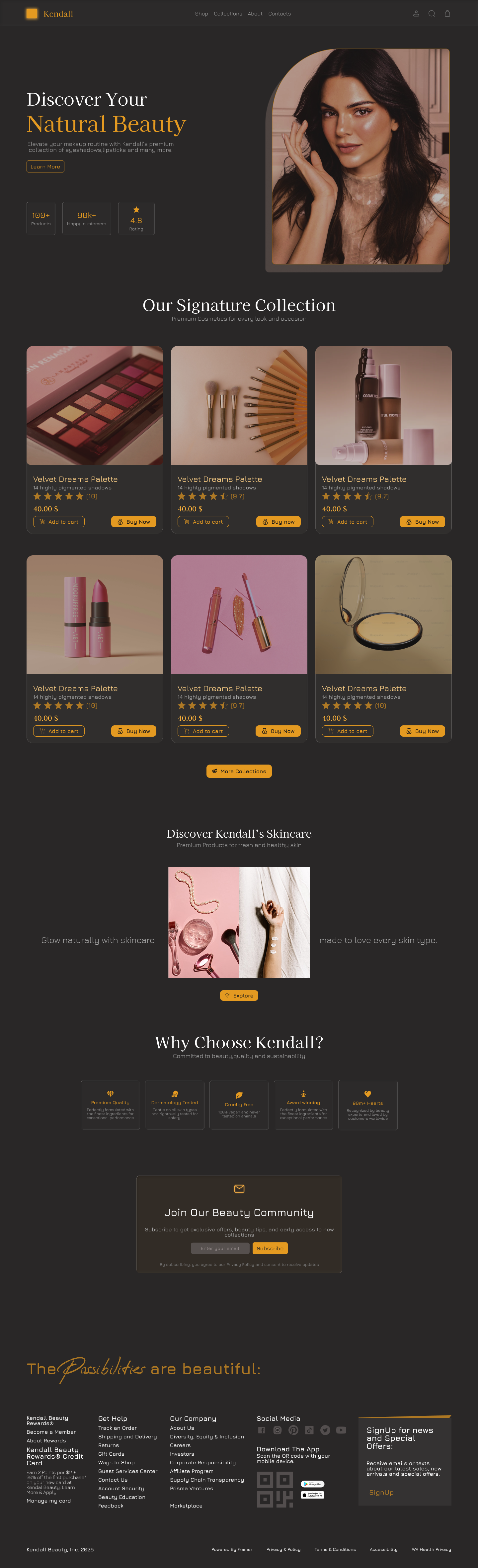 Kendall Jenner inspired cosmetics web landing page. branding graphic design logo ui