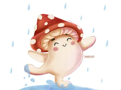Happy little mushroom cartoon style character design children book illustration cure character digital art kidlit picture book