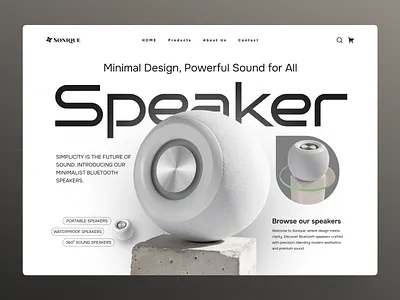 Sonique - A Minimalist Bluetooth Speaker Website UI Design⚡ audio product design bluetooth speaker clean ui design creative web design ecommerce ui figma figmadesign framer landingpagedesign minimalist web design premium product ui product landing page product showcase sound system ui speaker website tech website design ui ux design uiux web ui concept webflow