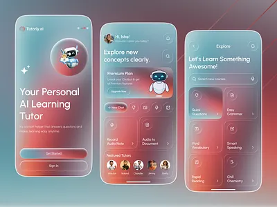 Mobile Learning App with AI Chatbot & Tutors ai ai app ai chatbot ai learning ai powered ai tutor app design chatbot ui conceptual design e learning edtech education app frosted glass ui ios app learning platform mobile app ui productivity app student app virtual learning