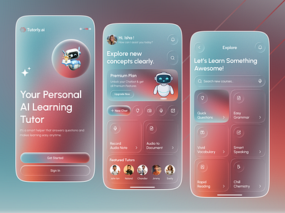 Mobile Learning App with AI Chatbot & Tutors ai ai app ai chatbot ai learning ai powered ai tutor app design chatbot ui conceptual design e learning edtech education app frosted glass ui ios app learning platform mobile app ui productivity app student app virtual learning