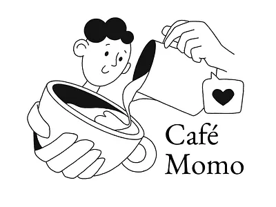 Café Momo barista black and white branding cafe cappuccino coffee design graphic design heart illustration latte line logo love man milk mug smile trend vector