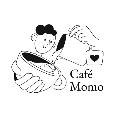 Café Momo barista black and white branding cafe cappuccino coffee design graphic design heart illustration latte line logo love man milk mug smile trend vector