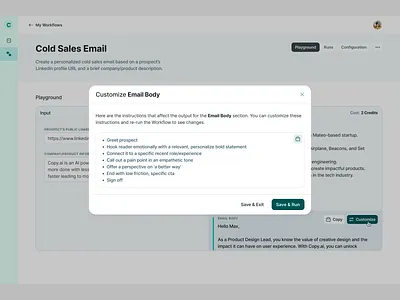 copy.ai Workflows Modal ai app background copyai customize edit email flat light mode modal overlay sales simple text ui ux web workflows
