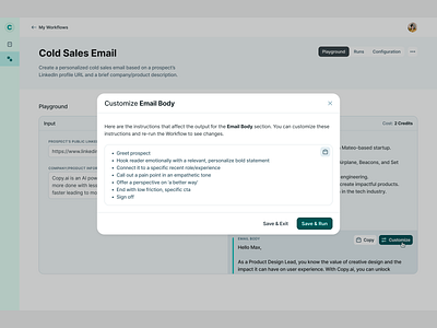copy.ai Workflows Modal ai app background copyai customize edit email flat light mode modal overlay sales simple text ui ux web workflows