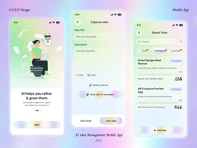 AI Idea Management Mobile App ai mobile app aiassistant aiideamanagement app design brainstormingtool creativeworkflow futureofwork idea management ideaapp innovationapp mobile app mobileappdesign productivityapp startuptools uidesign uiux design uxdesign