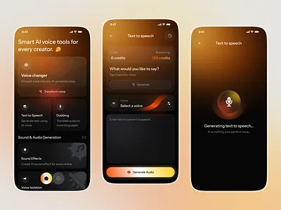 AI Voice & Dubbing App Design ai chatbot ai tool design ai voice ai voice app app design audio generator conversational ai creative tools app mobile app smart assistant sound design app text to speech ux ui design voice ai interface voice changer ui
