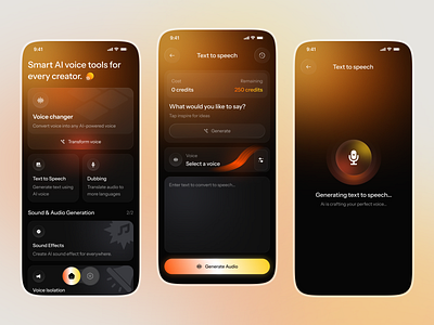 AI Voice & Dubbing App Design ai chatbot ai tool design ai voice ai voice app app design audio generator conversational ai creative tools app mobile app smart assistant sound design app text to speech ux ui design voice ai interface voice changer ui