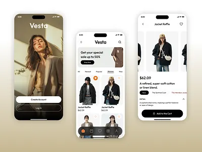 Vesta- Clothing Brand Shopify Mobile Apps clothingbrand clothingmobileapps clothingwebdesigner clothingwebsite fashionmobile fashionmobileapps figmawebsite mobileapps mobileuiux moboapps shopifymobileapps shopifystore shopifywebsite textilewebsite uiuxdesign uxdesigner websitedesigner websitemockup websitetemplate websiteuxdesigner